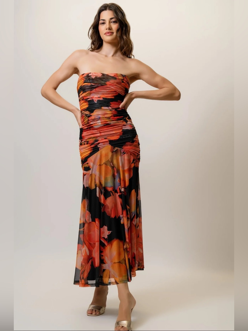Hutch Bonnie Strapless Floral Ruched Maxi Dress In Black And Orange